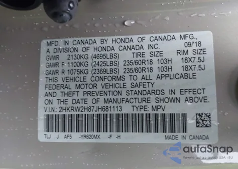 2018 Honda Cr-V Ex-L/Ex-L Navi from USA, damaged, VIN 2HKRW2H87JH681113